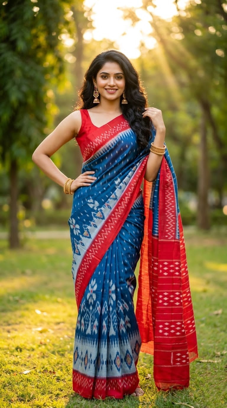 Blue and Red Printed Linen Saree with Buta Design | Vibrant Ethnic Drape