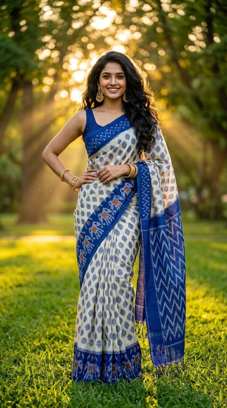 Blue and White Ikat Linen Saree with Printed Pallu | Handwoven Festive Drape