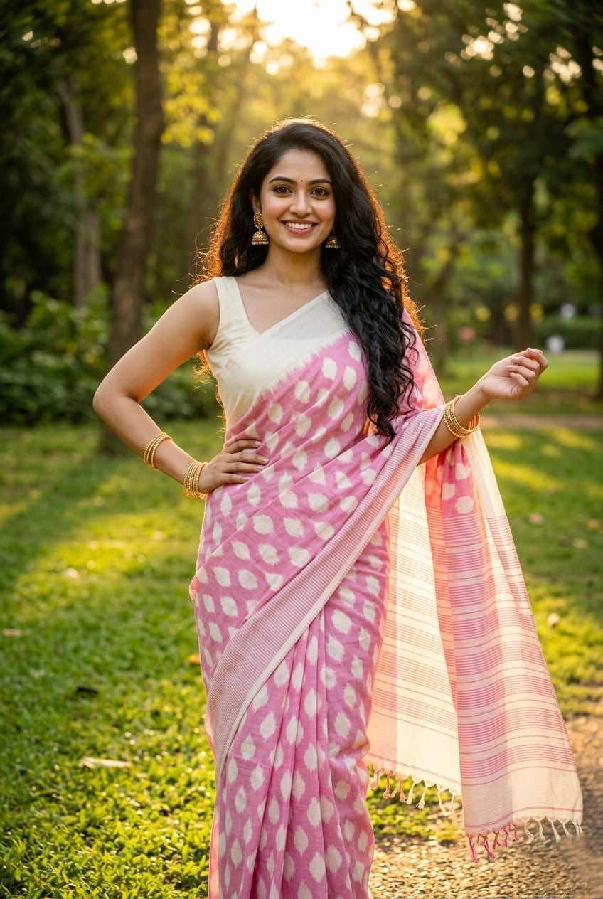 Blush Pink Floral Linen Saree with Silver Shimmer Border | Soft Festive Wear