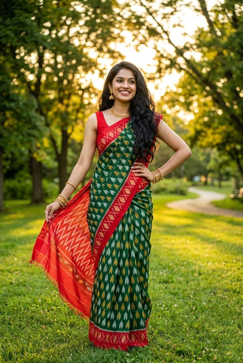 Bottle Green Linen Saree with Red Contrast Pallu | Traditional Festive Wear