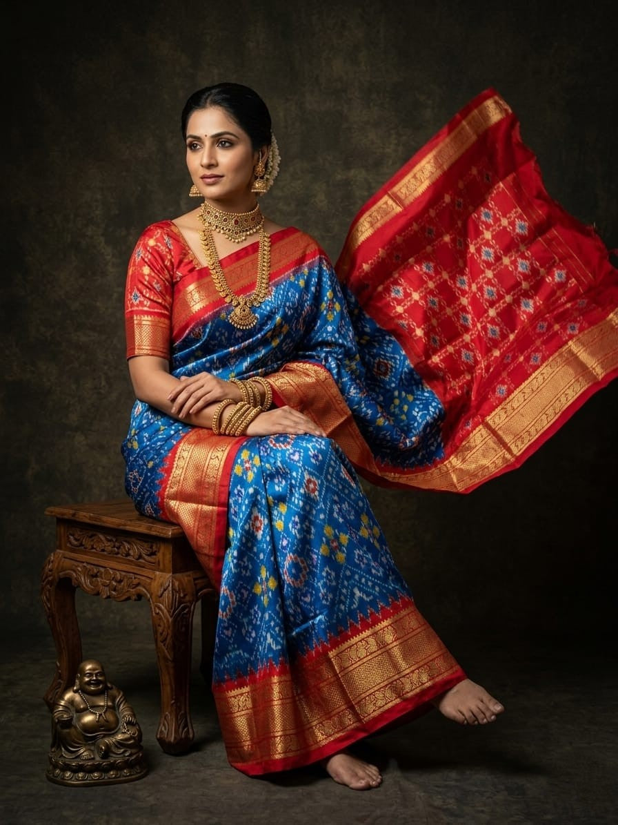 Bright Blue Handloom Pattu Silk Saree with Red Rich Ethnic Pallu