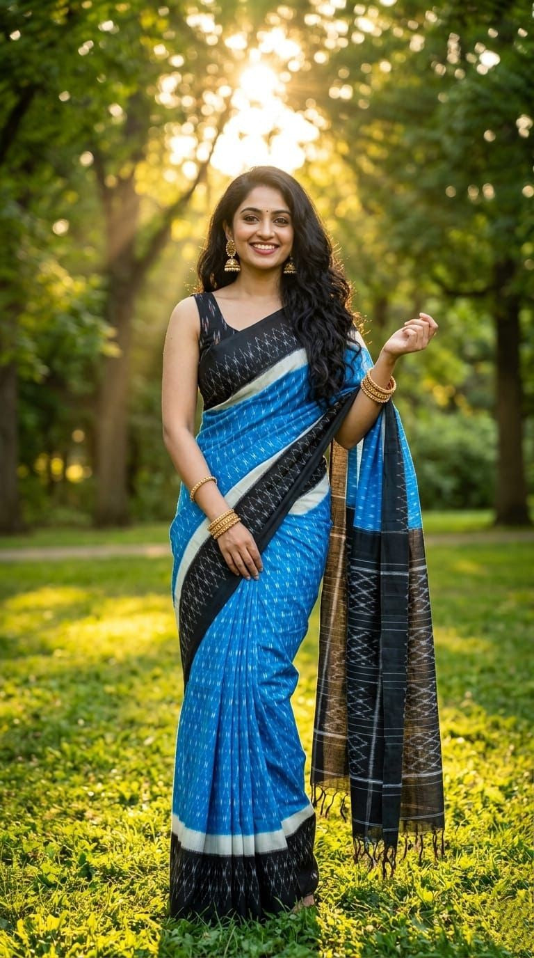 Bright Blue and Black Linen Saree with Woven Border | Bold Casual Ethnic Wear