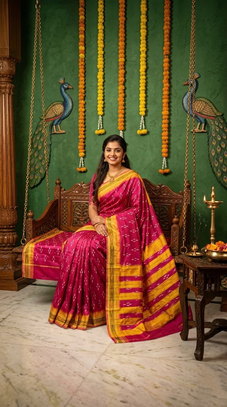 Bright Pink Barista Soft Silks Saree with Yellow Traditional Border