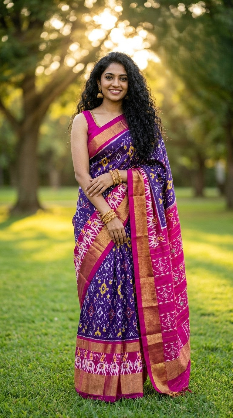 Bright Pink Bentex Handloom Silk Saree with Purple Traditional Pallu
