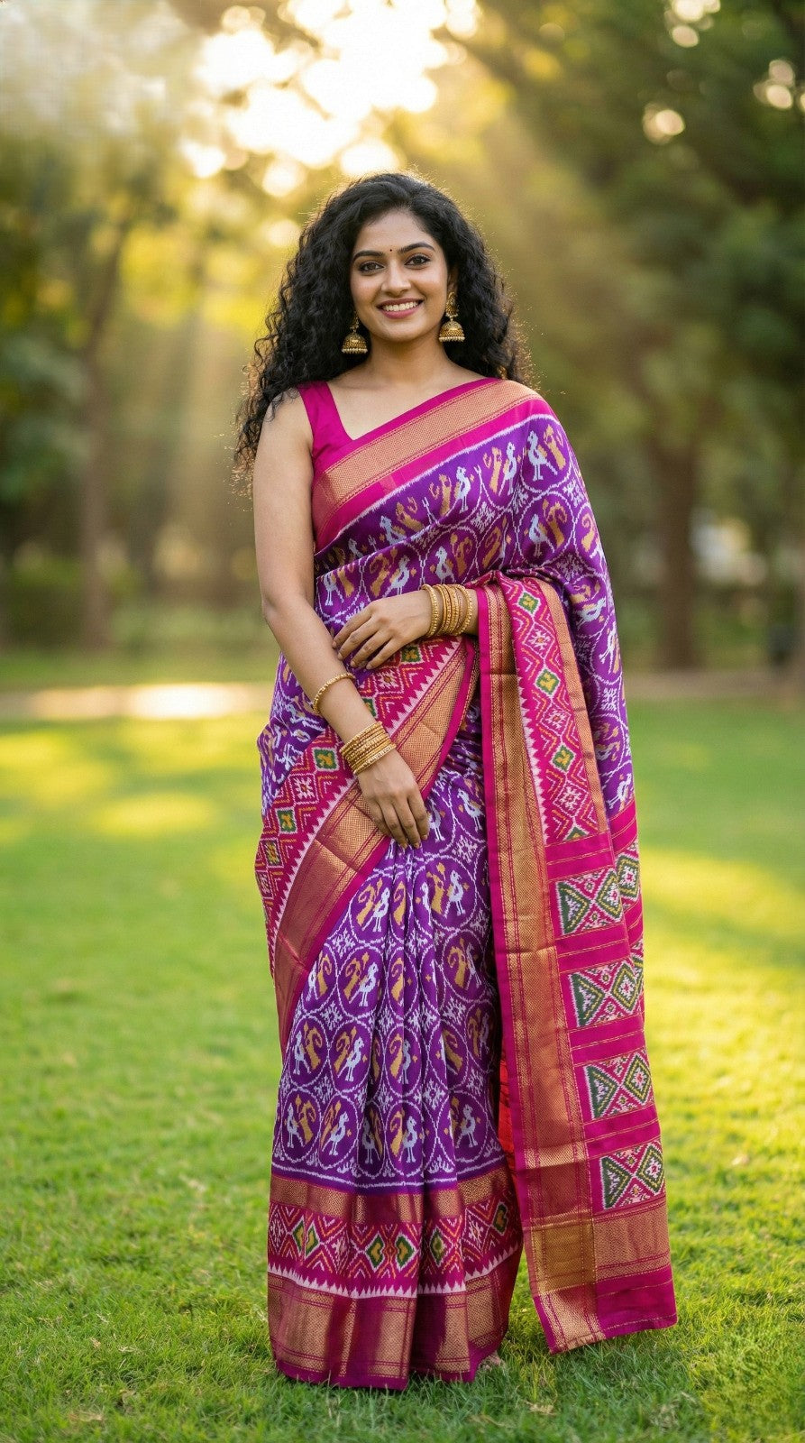 Bright Pink Bentex Handloom Silk Saree with Traditional Gold Zari Weaving