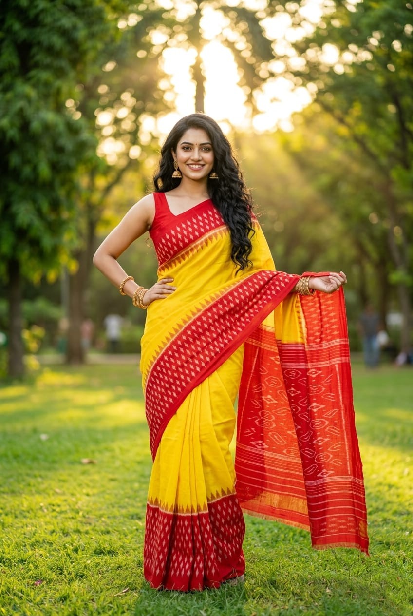 Bright Yellow and Red Linen Saree with Contrast Border | Bold Festive Ethnic