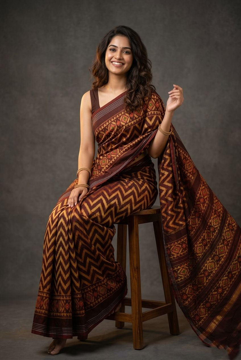 Brown Barista Soft Silks Saree with Ethnic Printed Chevron Weaving