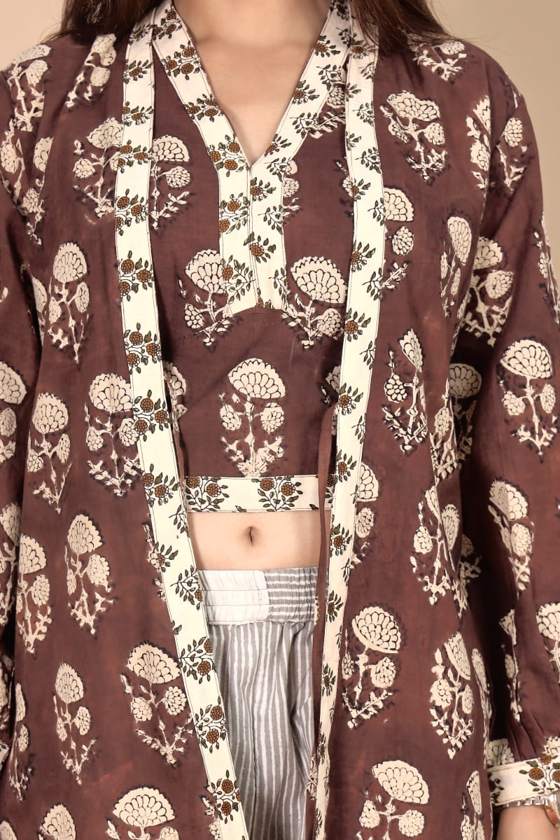 Brown Paisley Printed 3-Piece Choli Shrug & Pant Set