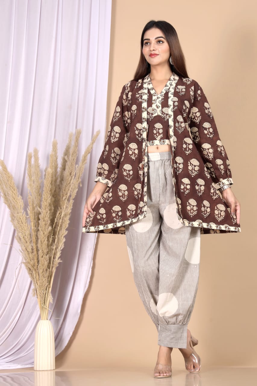 Brown Paisley Printed 3-Piece Choli Shrug & Pant Set