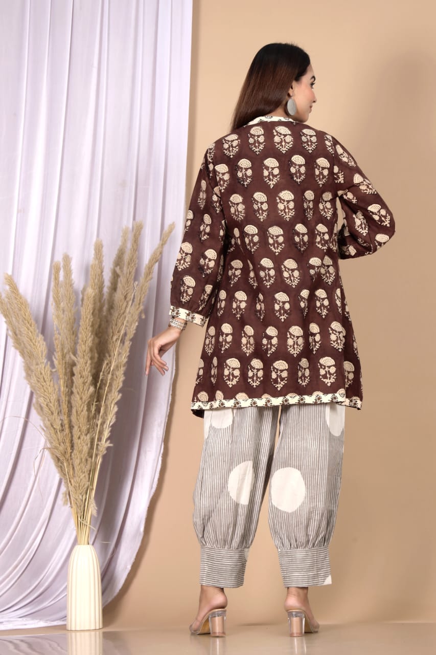 Brown Paisley Printed 3-Piece Choli Shrug & Pant Set