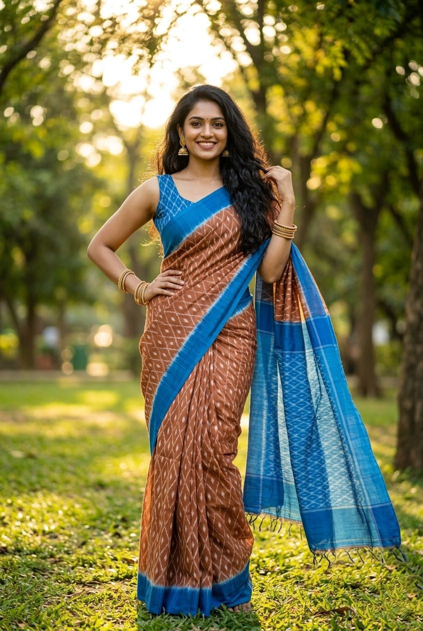Brown and Blue Linen Saree with Striped Border | Handcrafted Ethnic Drape