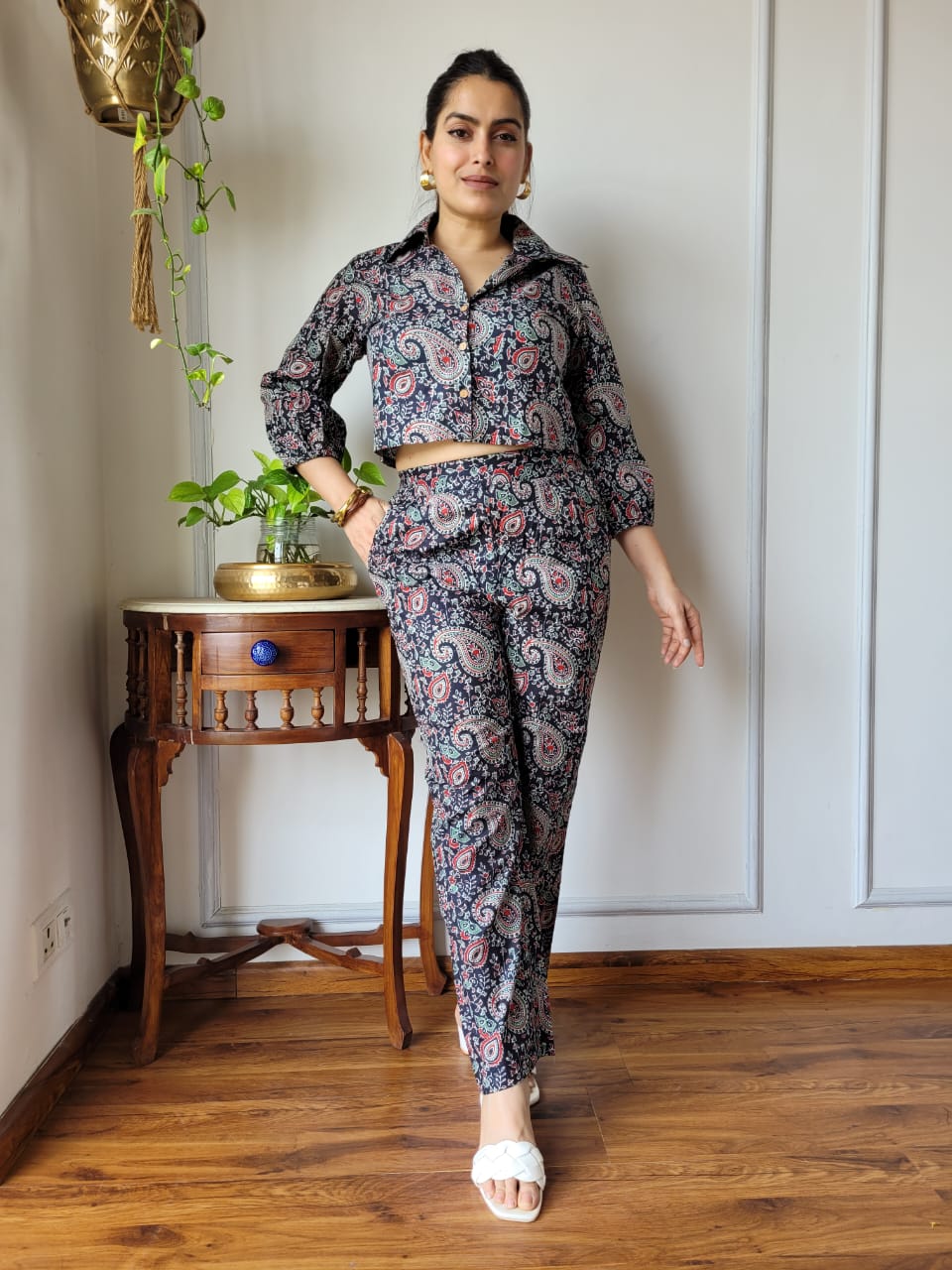 Charcoal Grey Pure Cotton Hand Block Print Ethnic Co-ord Set