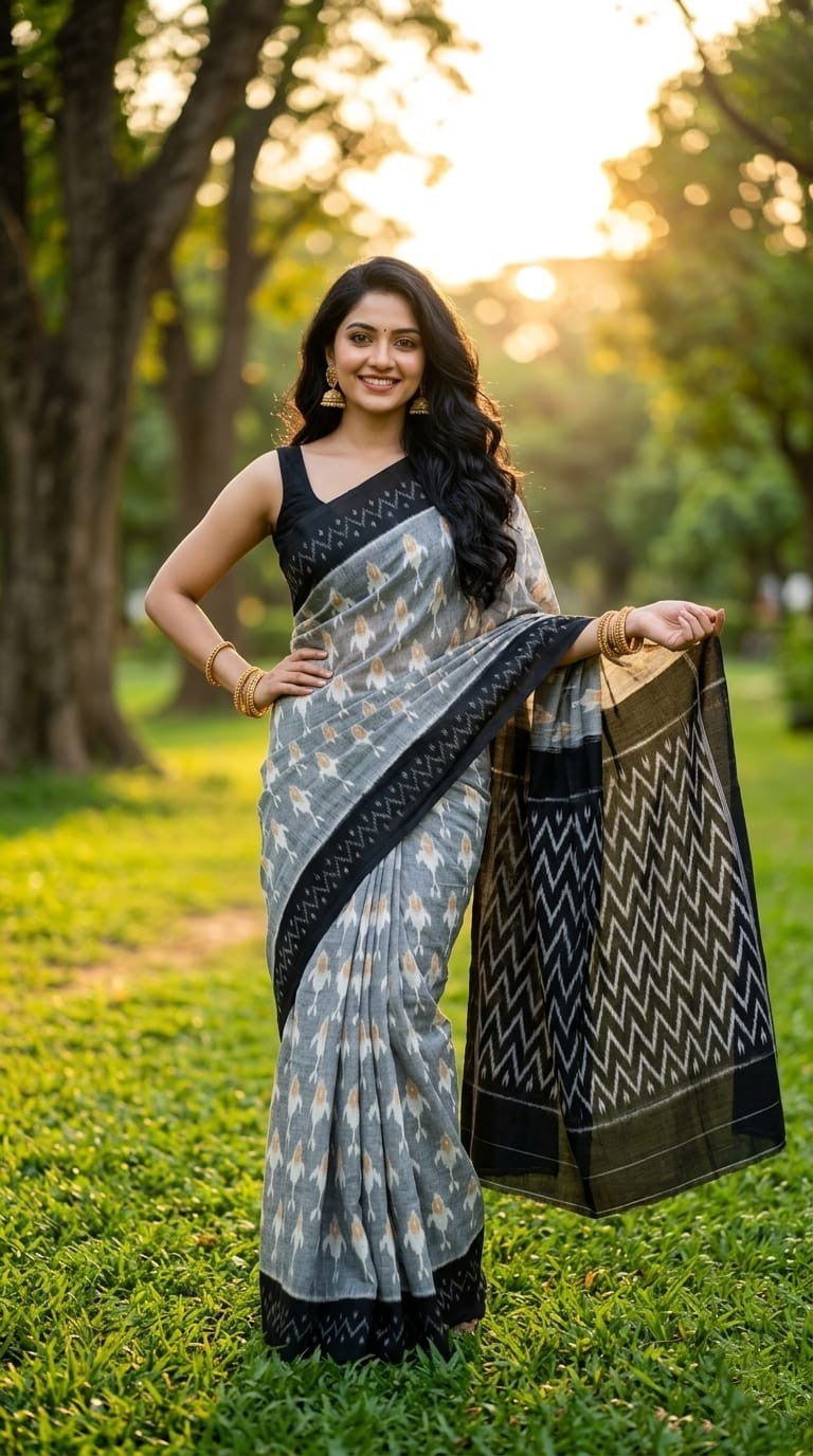 Charcoal Grey Linen Saree with Geometric Black Print | Minimalist Party Wear