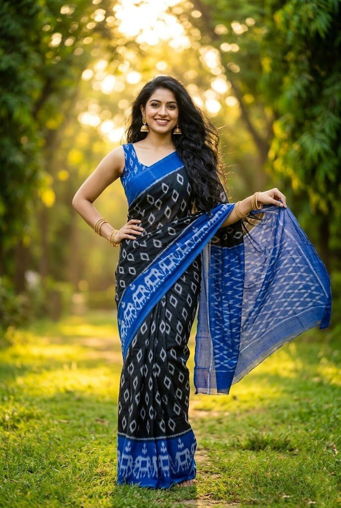 Cobalt Blue Buta Print Linen Saree with Sheer Drape | Light Festive Collection