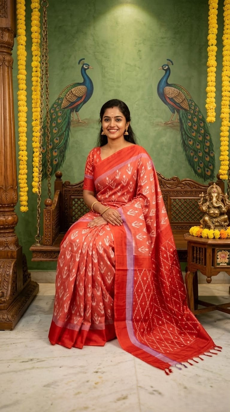 Coral Pink Barista Soft Silks Saree with Traditional Ethnic Weaving