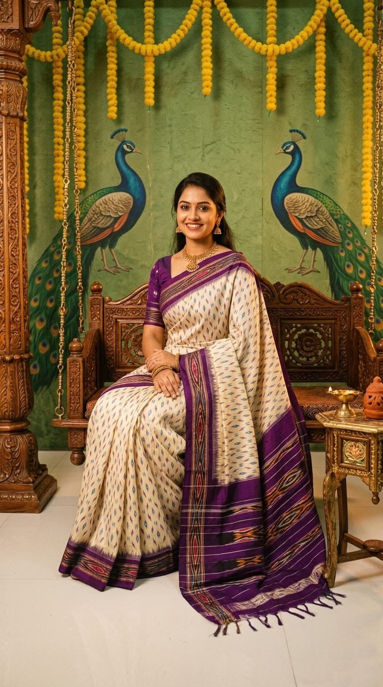 Cream Barista Soft Silks Saree with Purple Rich Temple Border