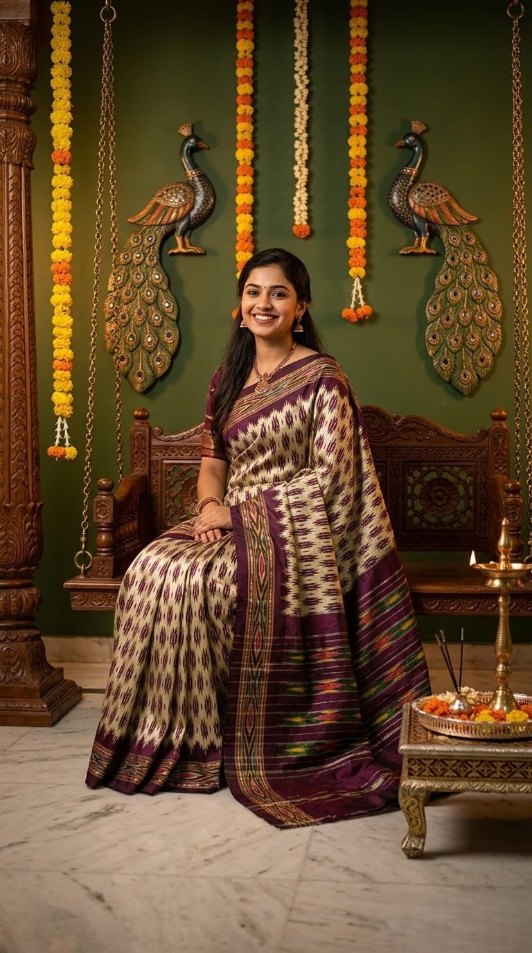 Cream Barista Soft Silks Saree with Purple Traditional Ethnic Weaving