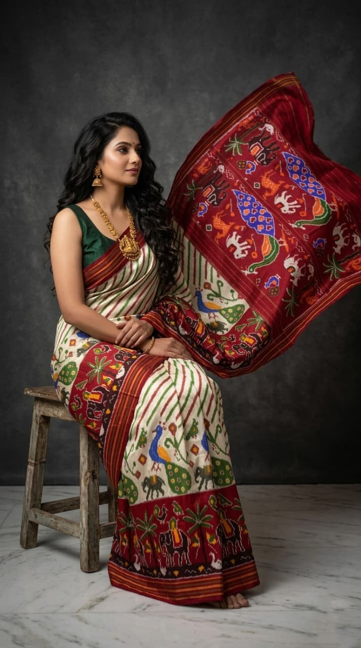 Cream Barista Soft Silks Saree with Red Artistic Ethnic Pallu