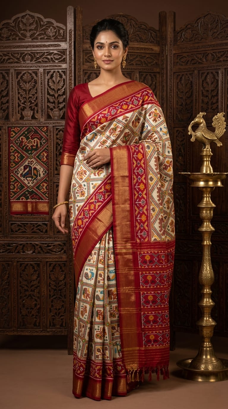Cream Barista Soft Silks Saree with Red Designer Temple Pallu
