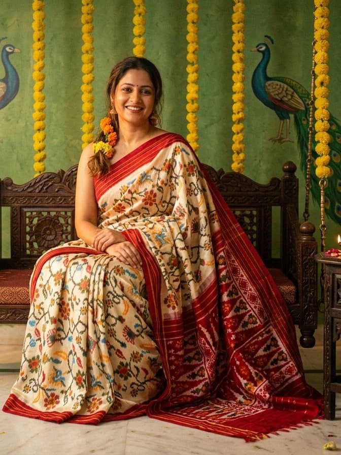 Cream Barista Soft Silks Saree with Red Elegant Woven Border