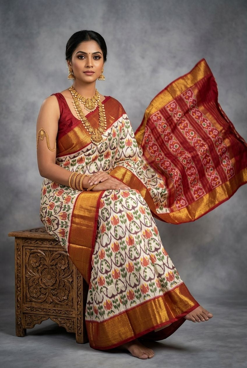 Cream Bentex Handloom Silk Saree with Red Temple Border and Floral Weaving