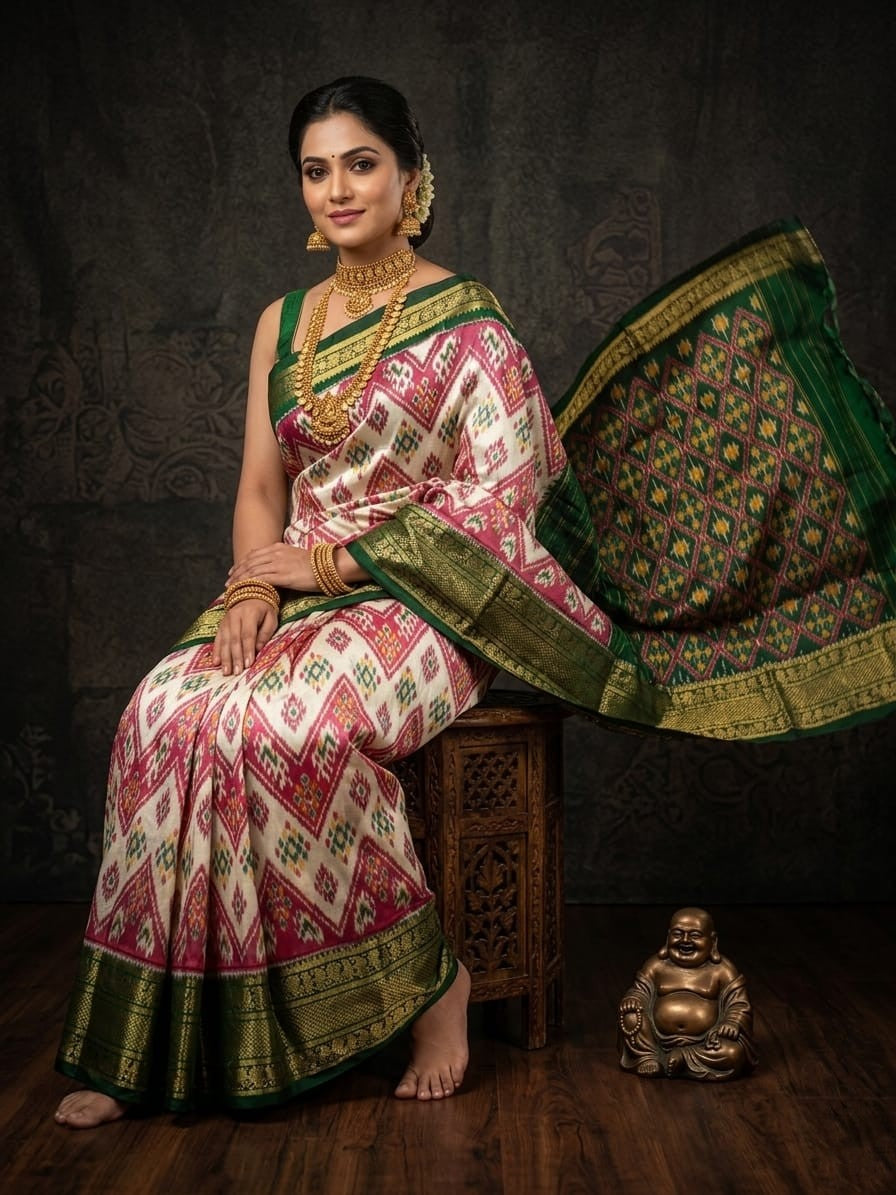 Cream Handloom Pattu Silk Saree with Green Ikat Style Designer Weaving