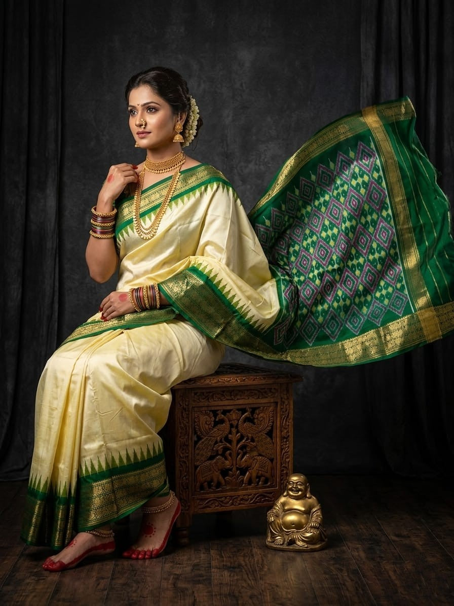 Cream Handloom Pattu Silk Saree with Green Traditional Woven Pallu