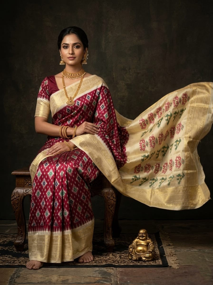Cream Handloom Pattu Silk Saree with Maroon Traditional Printed Pallu