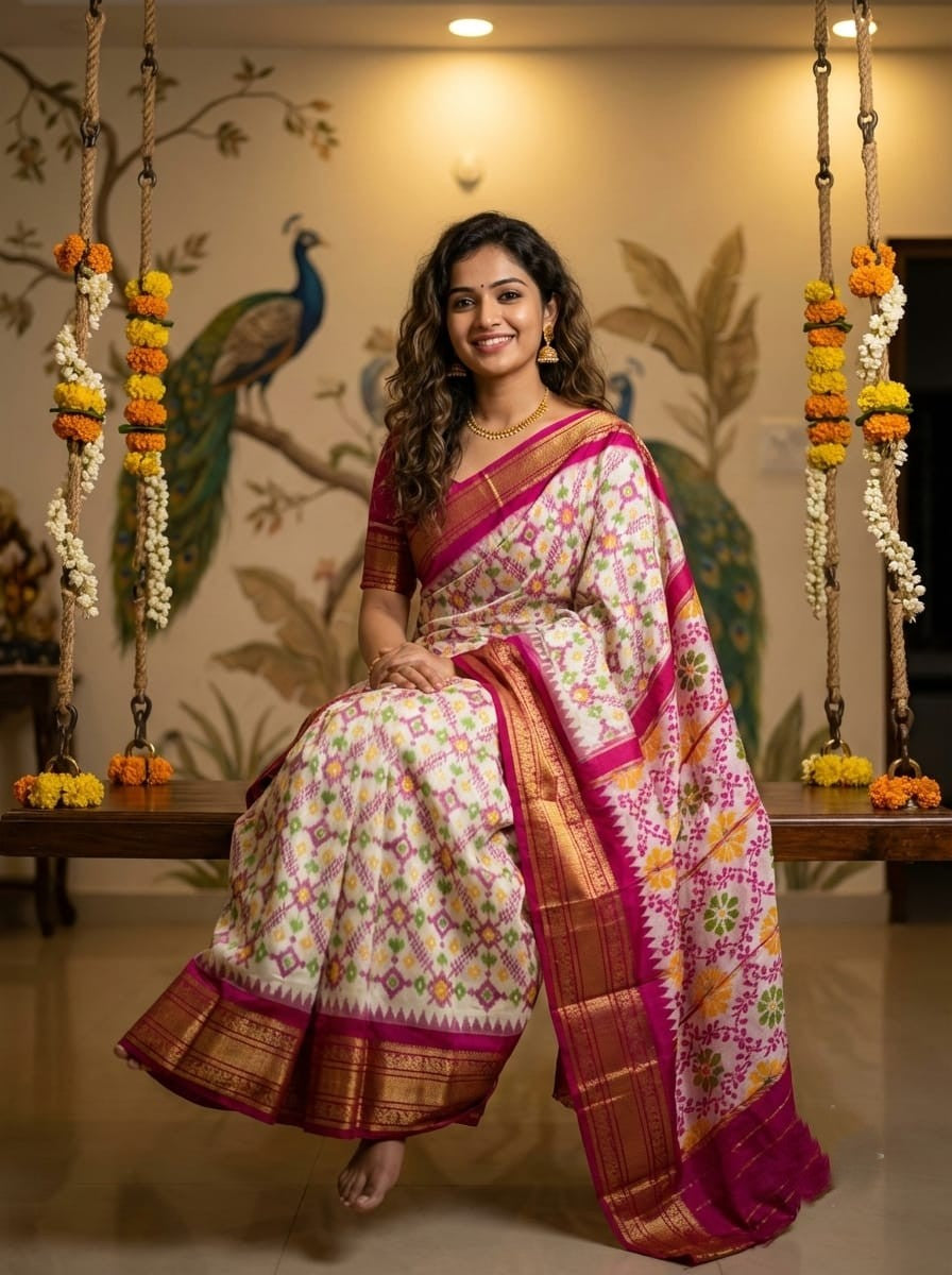 Cream Handloom Pattu Silk Saree with Pink Floral Designer Weaving