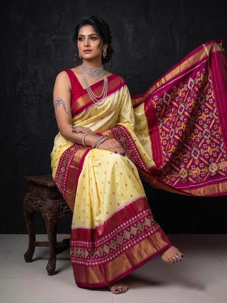 Cream Pink Wedding Special Handloom Kotha Silk Saree