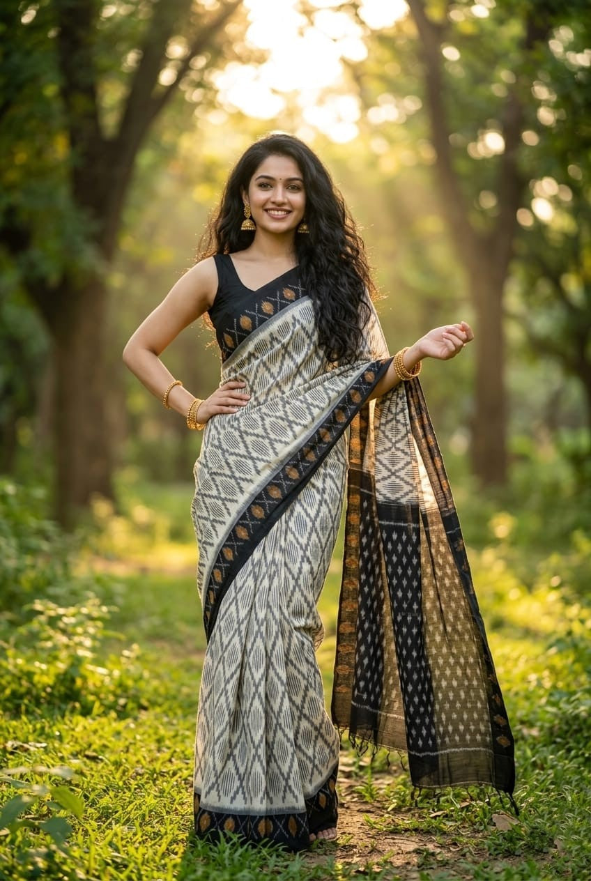 Cream and Black Buta Linen Saree with Zari Pallu | Traditional Festive Ethnic
