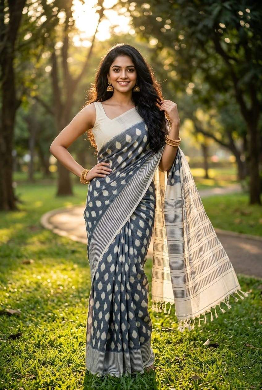 Cream and Black Check Linen Saree with Striped Border | Summer Ethnic Drape