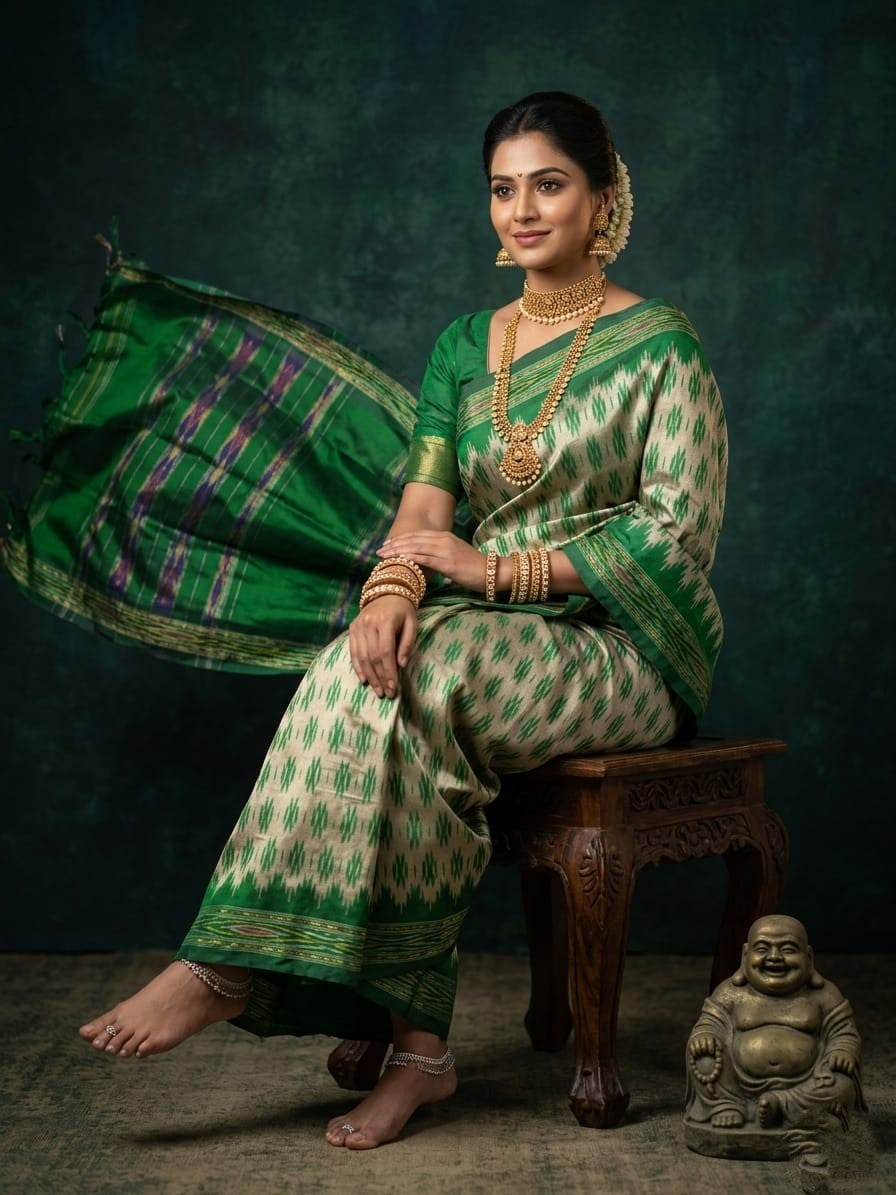 Cream and Green Barista Soft Silks Saree with Traditional Ethnic Print