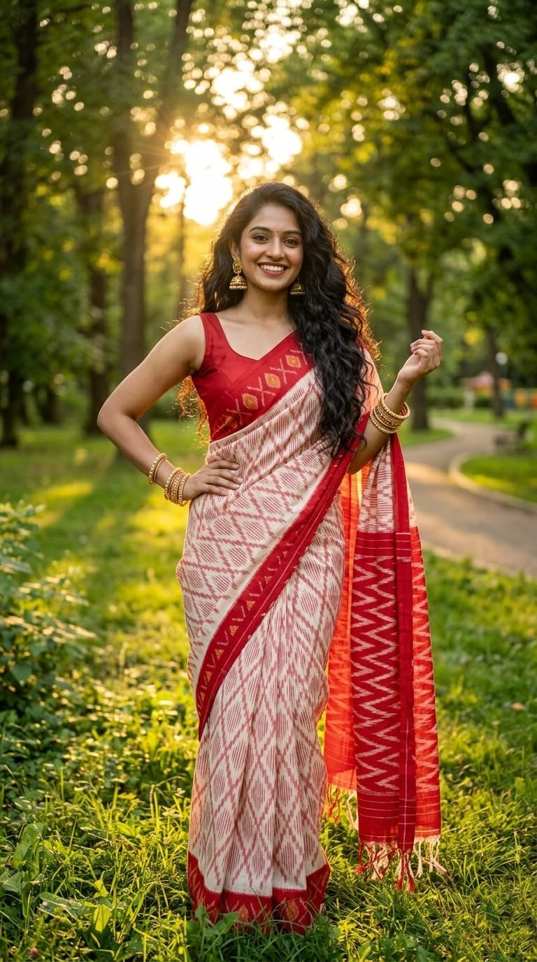 Cream and Pink Linen Saree with Red Border and Embroidered Pallu | Festive Bridal