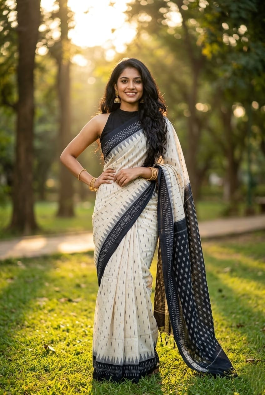 Cream and White Linen Saree with Black Buta Print | Light Casual Drape