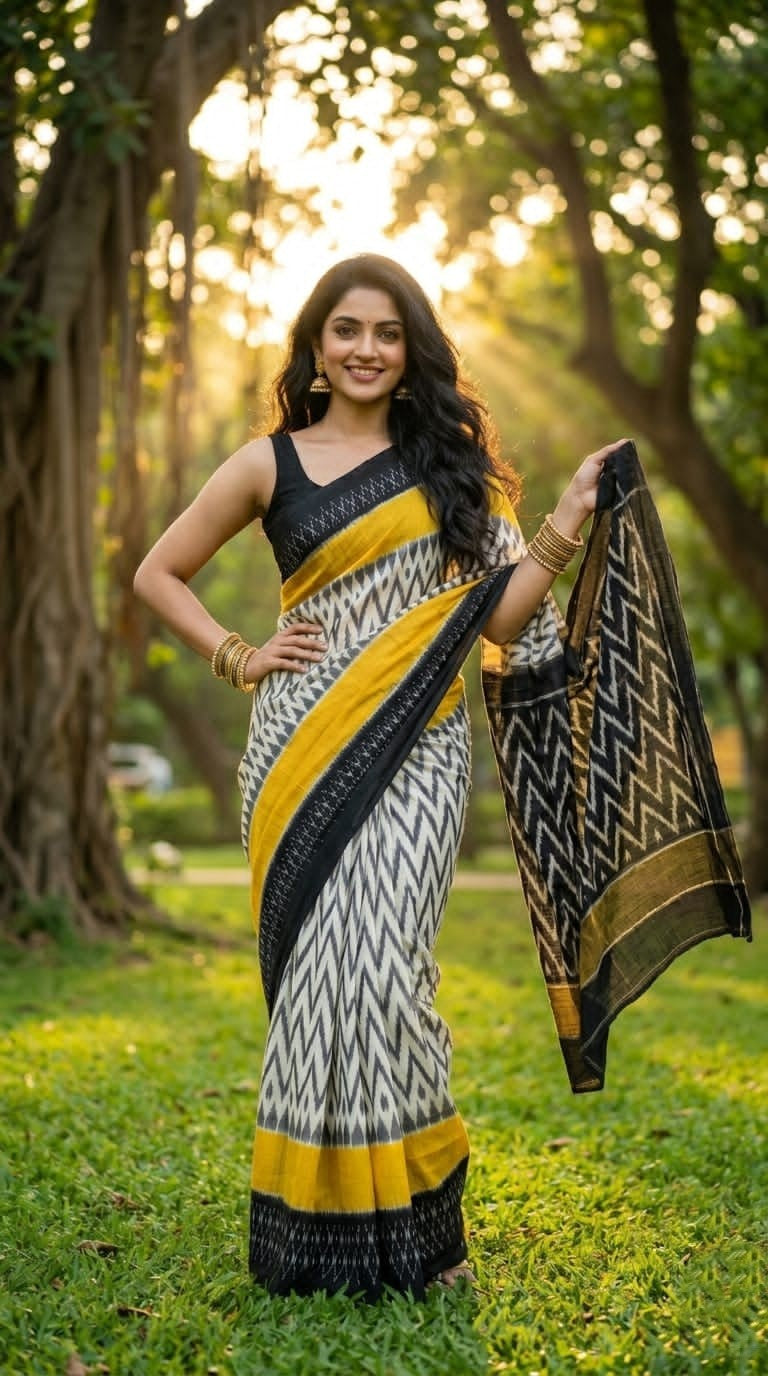 Cream and Yellow Striped Linen Saree with Black Buta | Casual Festive Drape