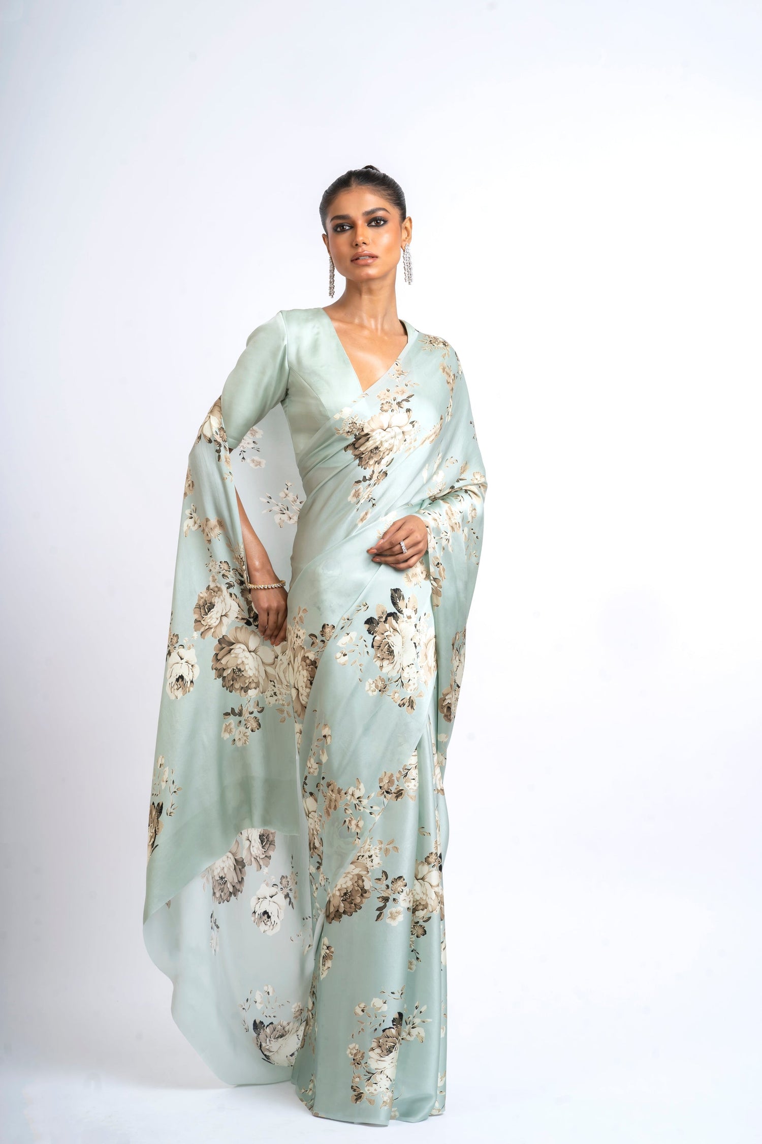 Buy Tara Pearl Blue Satin Silk Saree Online