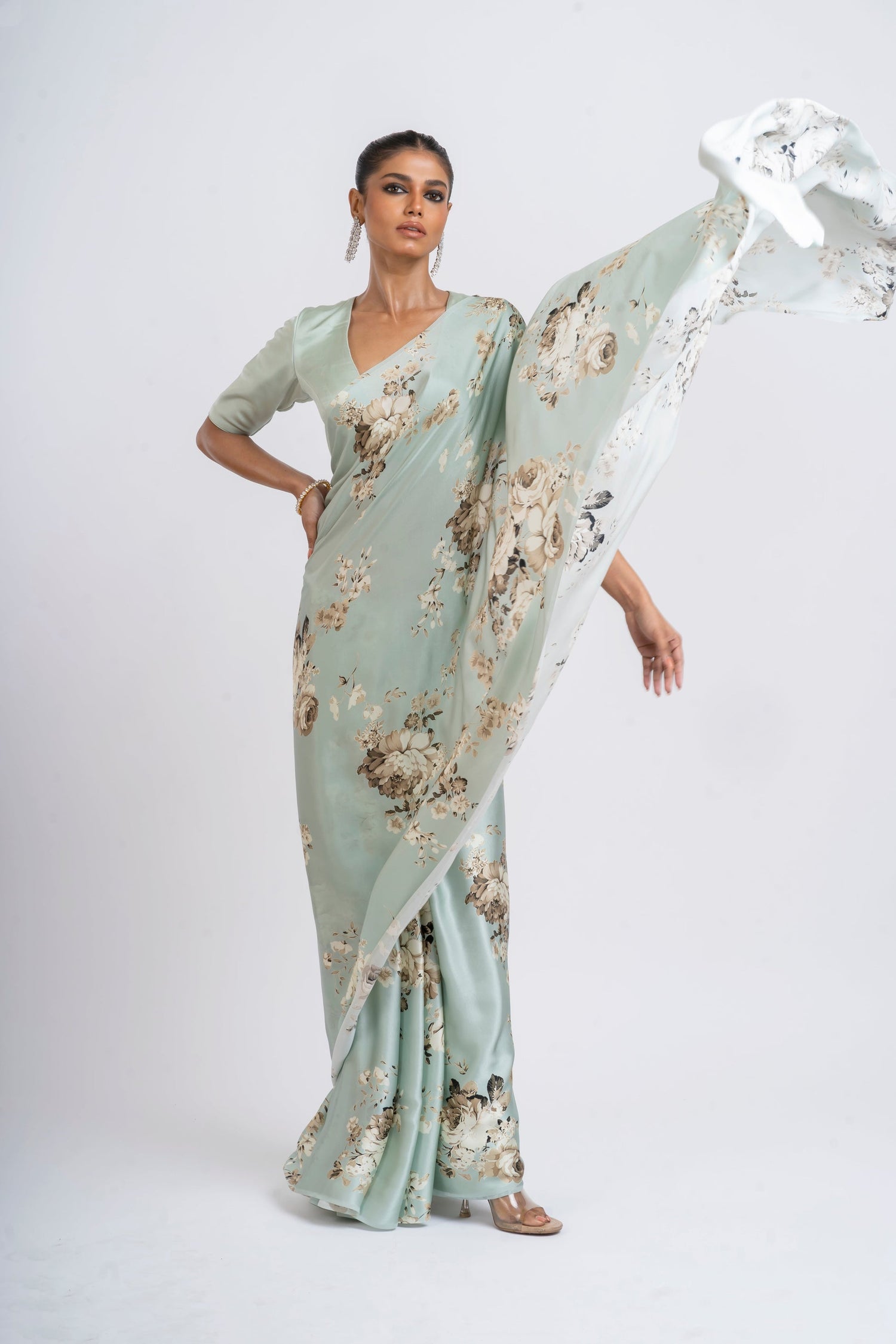 Buy Tara Pearl Blue Satin Silk Saree Online