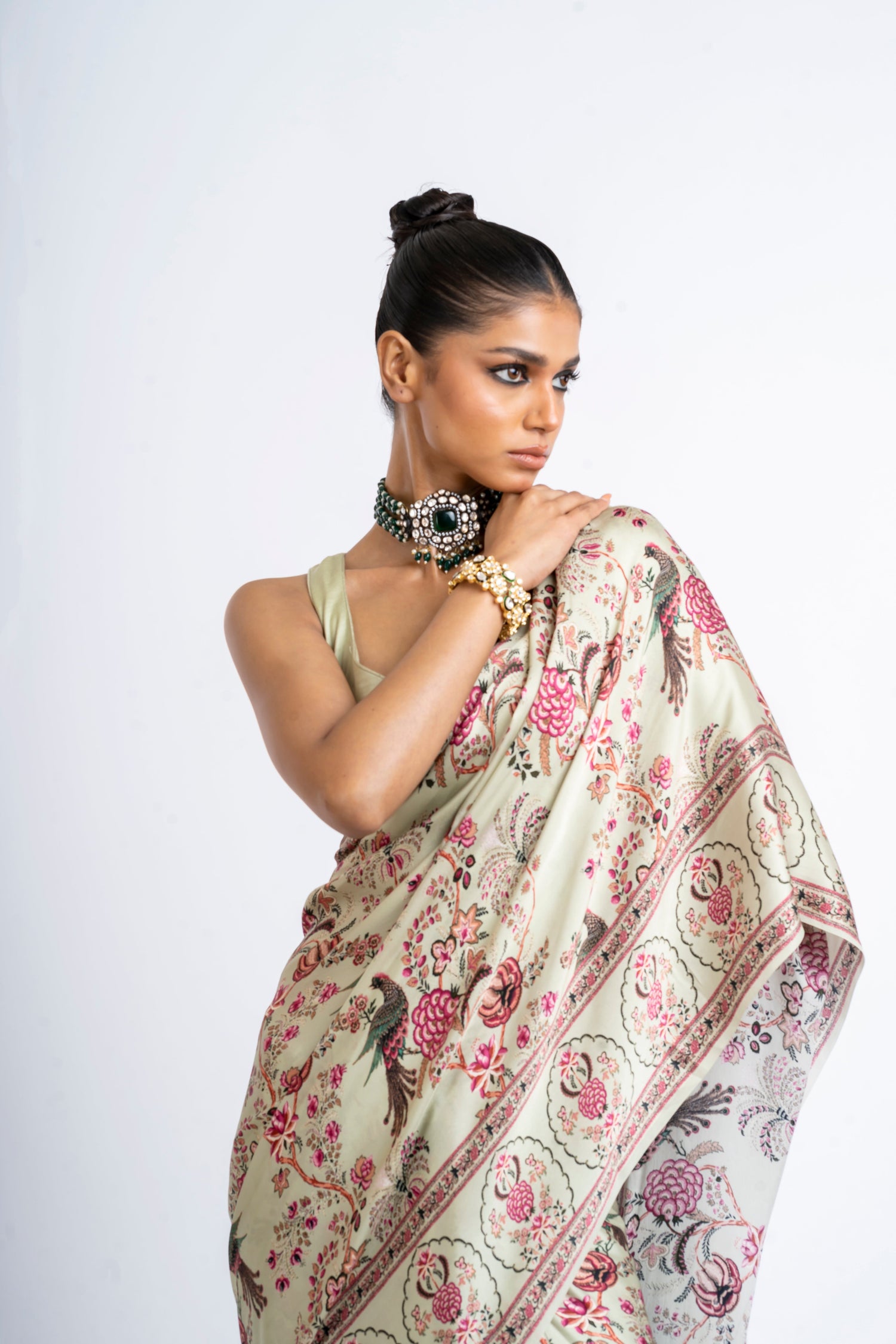 Buy Alka Mist Green Satin Silk Saree with Peacock Prints