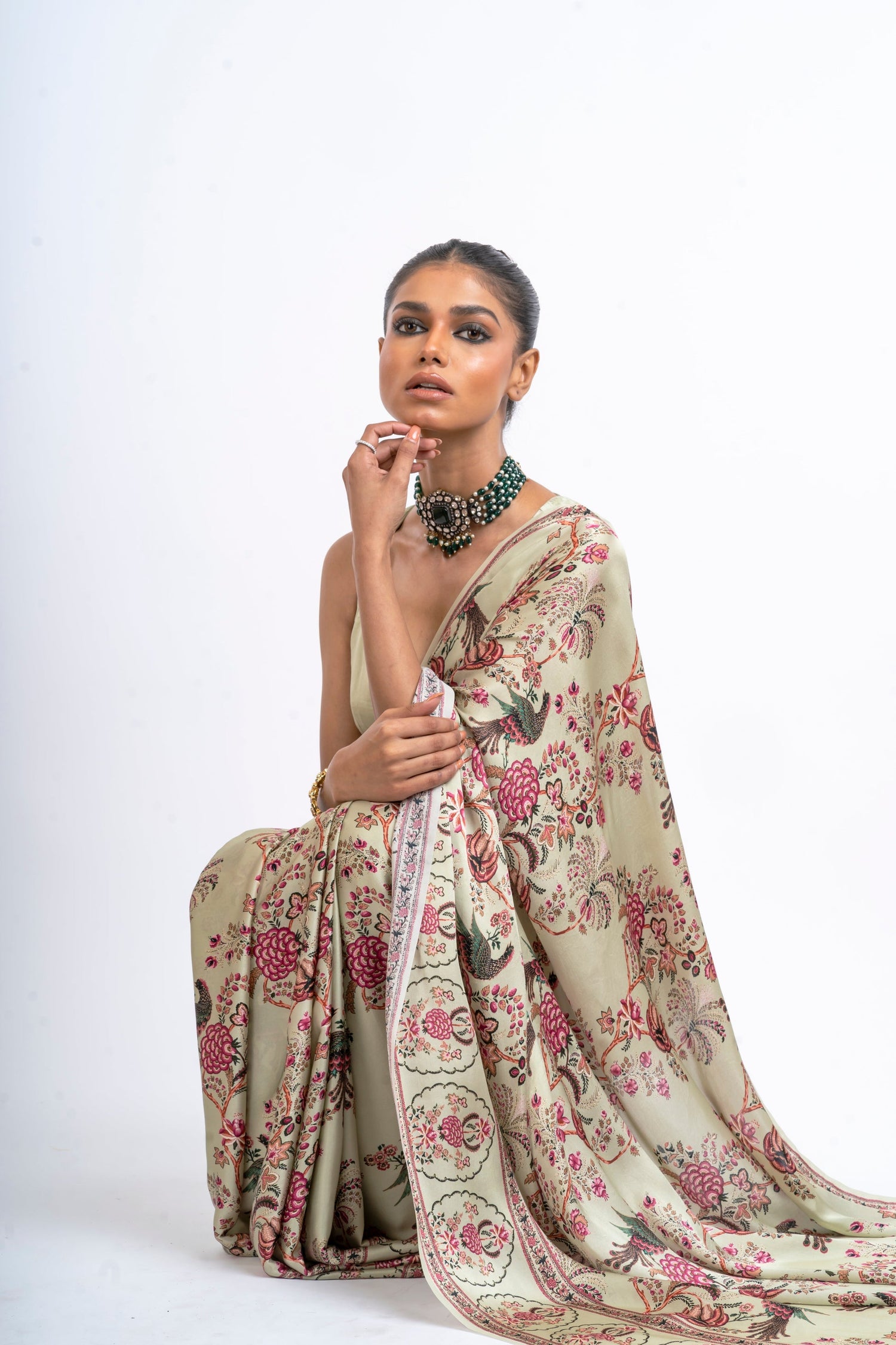 Buy Alka Mist Green Satin Silk Saree with Peacock Prints