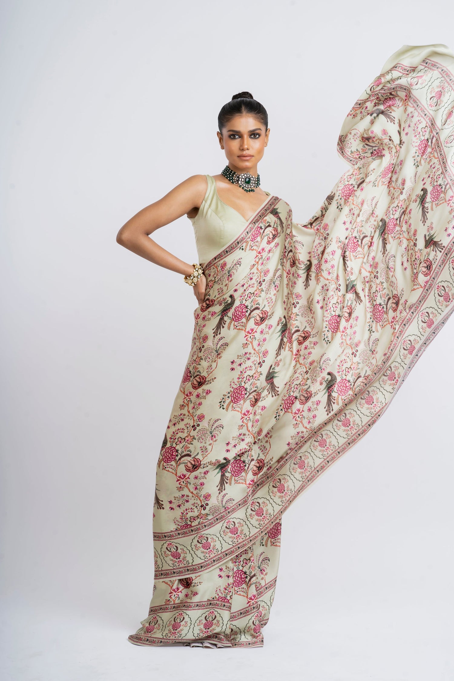 Buy Alka Mist Green Satin Silk Saree with Peacock Prints