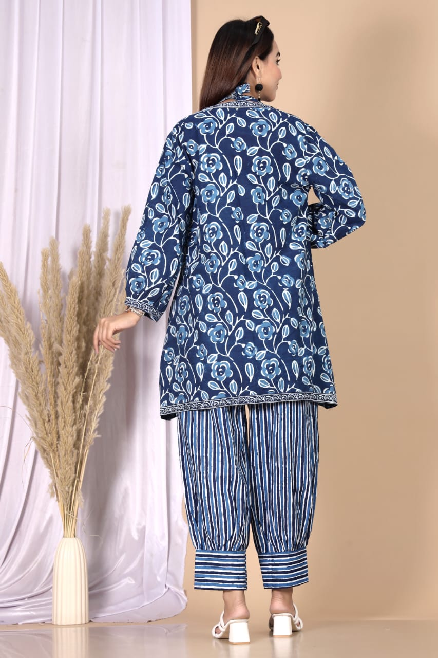 Dark Blue Dabu Printed 3-Piece Choli Shrug & Pant Set