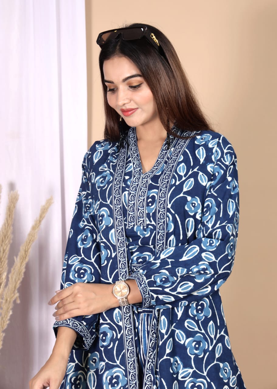 Dark Blue Dabu Printed 3-Piece Choli Shrug & Pant Set