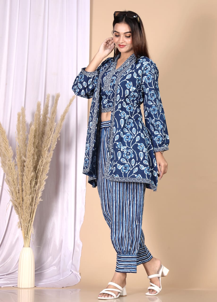 Dark Blue Dabu Printed 3-Piece Choli Shrug & Pant Set