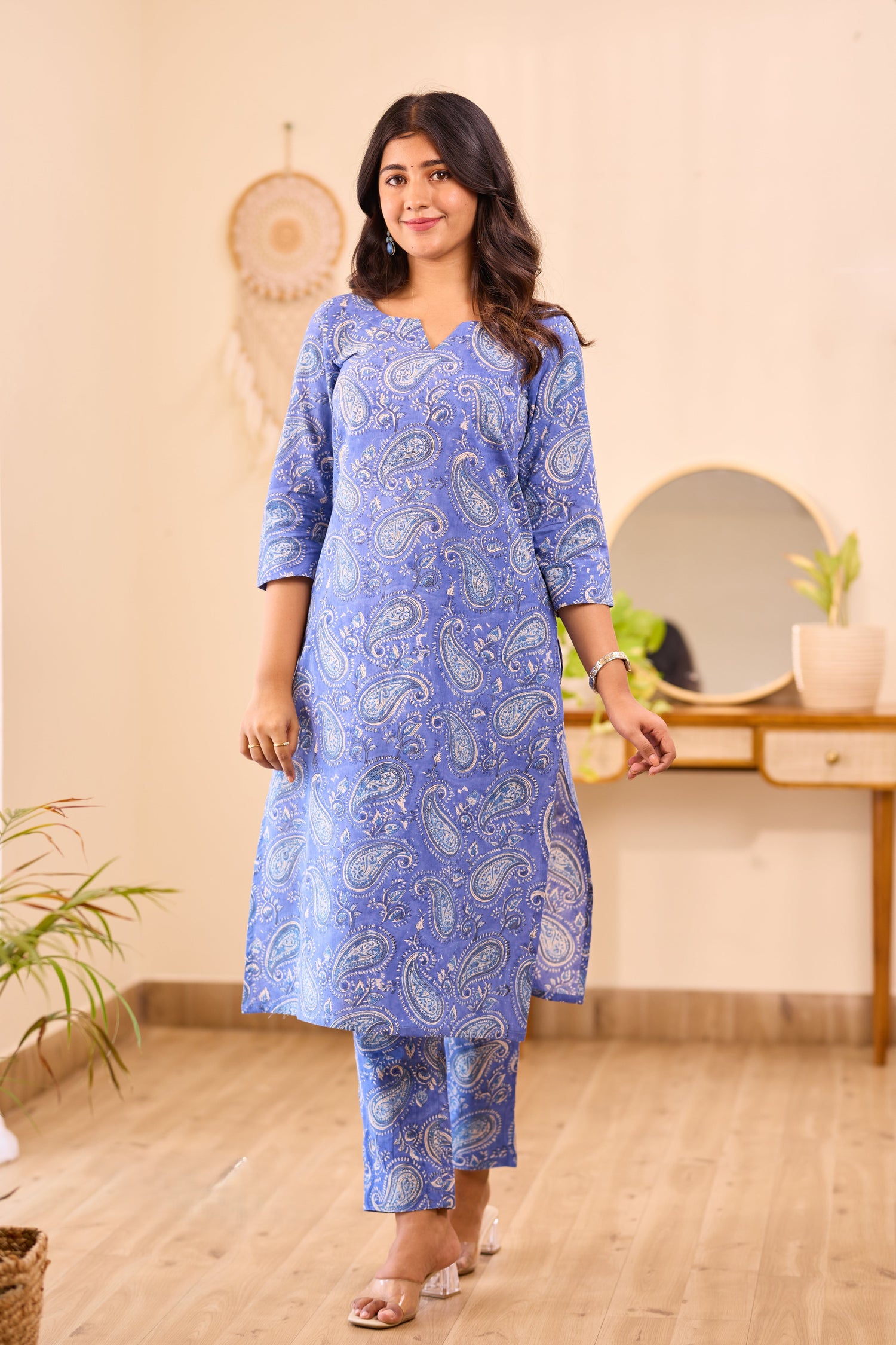 Dark Blue Printed Cotton Co-ord Set | Casual Wear | Top & Bottom Set