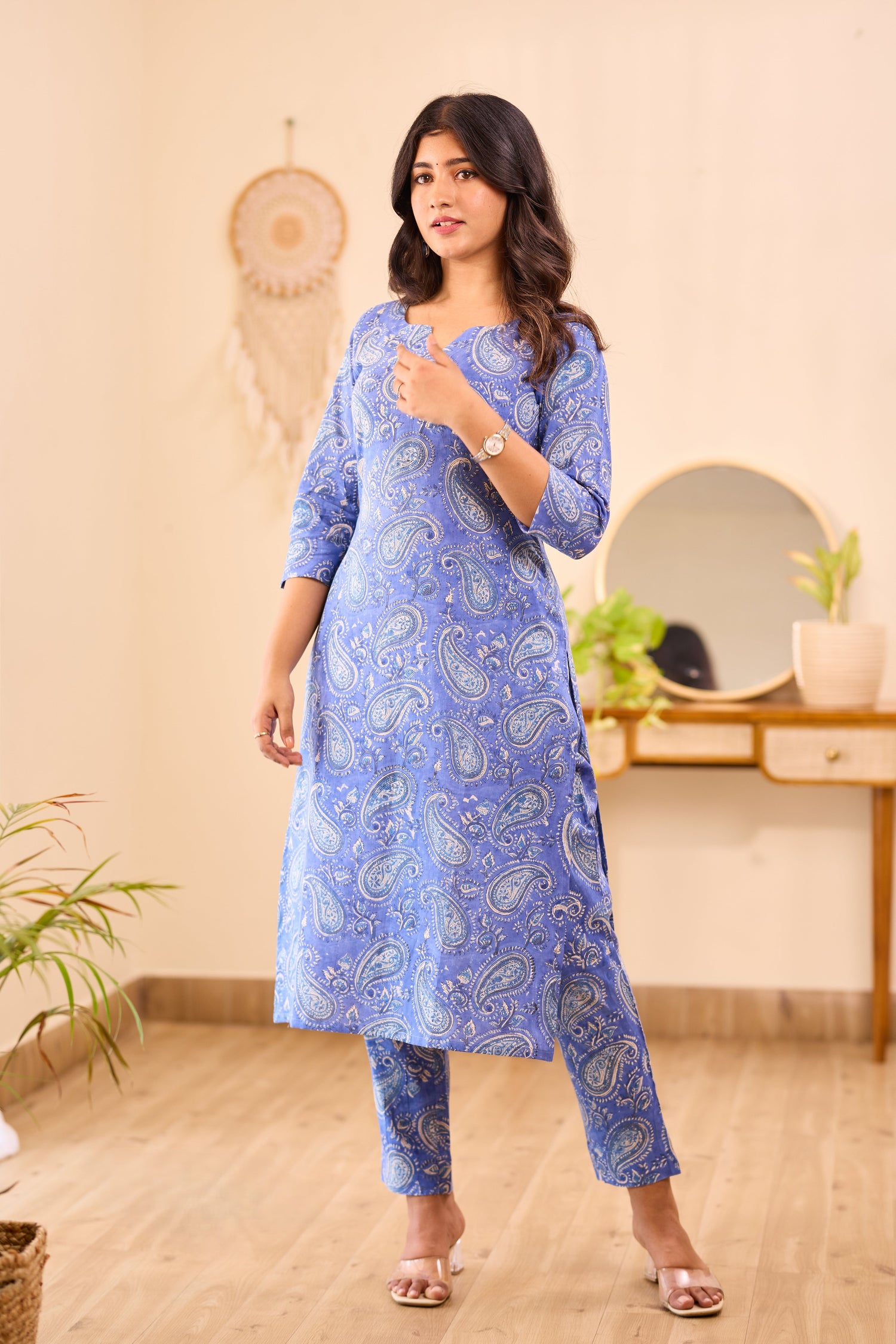 Dark Blue Printed Cotton Co-ord Set | Casual Wear | Top & Bottom Set