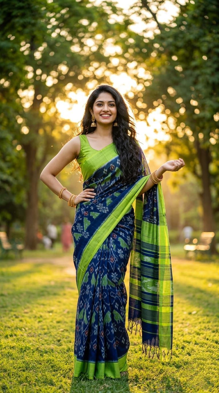 Dark Blue Printed Linen Saree with Green Accent | Handcrafted Traditional Saree