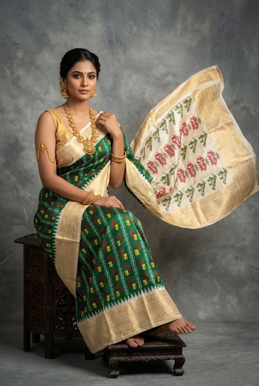Dark Green Bentex Handloom Silk Saree with Beige Floral Designer Pallu