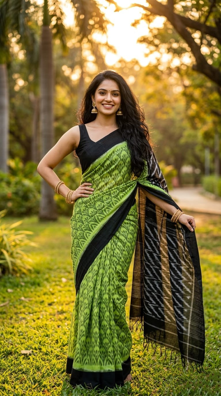 Dark Green and Black Printed Linen Saree | Handloom Casual Ethnic Wear