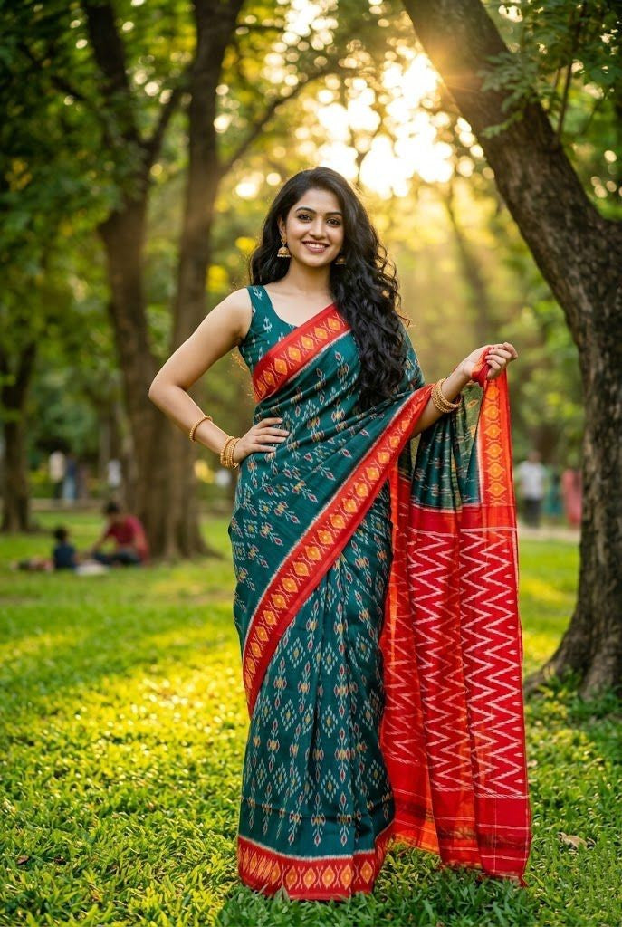 Dark Green and Red Border Linen Saree | Traditional Festive Handloom Wear